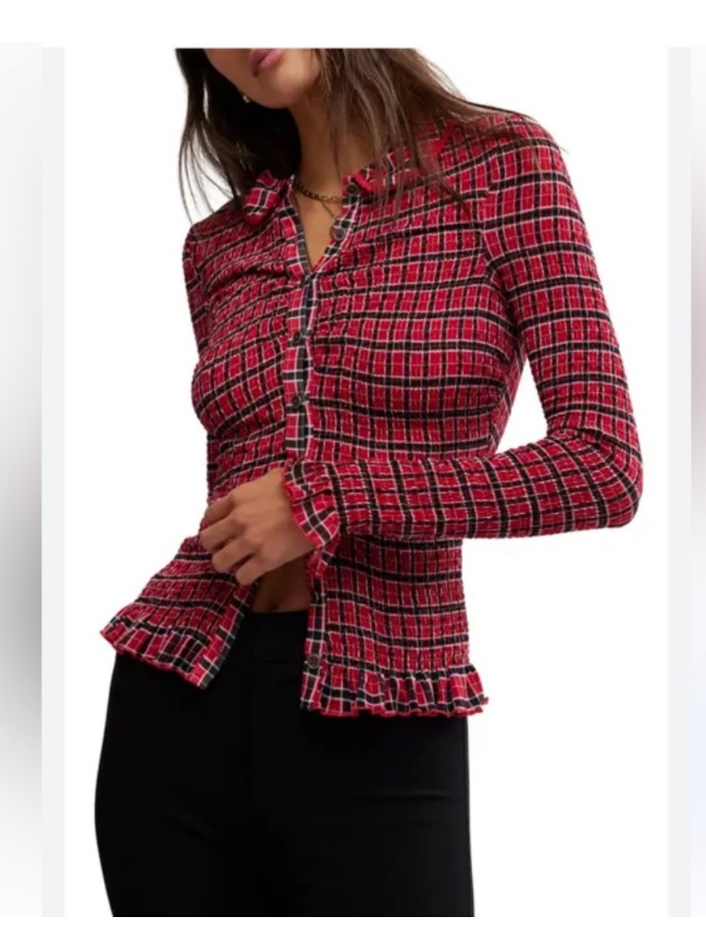 Free People Red Plaid Ruffle-Trim Button Down Top